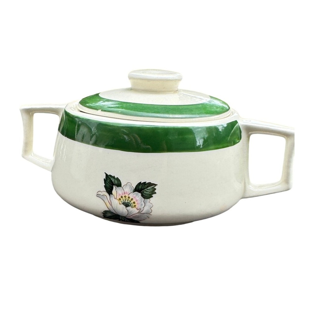 Vintage Homer Laughlin Jaderose covered Ceramic Sugar Bowl Lid Green Floral